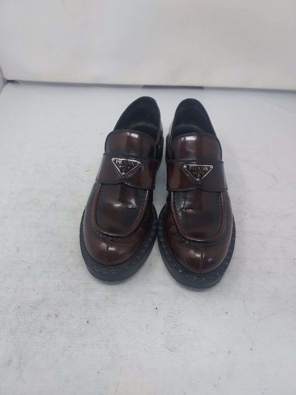 Prada WOMENS Logo Burgundy Red Brown Chocolate Brushed Leather Shoe - Picture 9 of 11